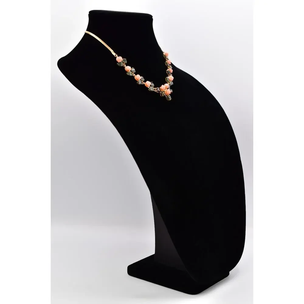 Vintage Carved Rose Leaf Collar Necklace Pink Floral Statement Gold Tone BinBE